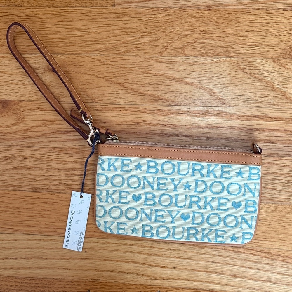 Dooney & Bourke Aqua and Tan Logo Wristlet - Picture 2 of 3